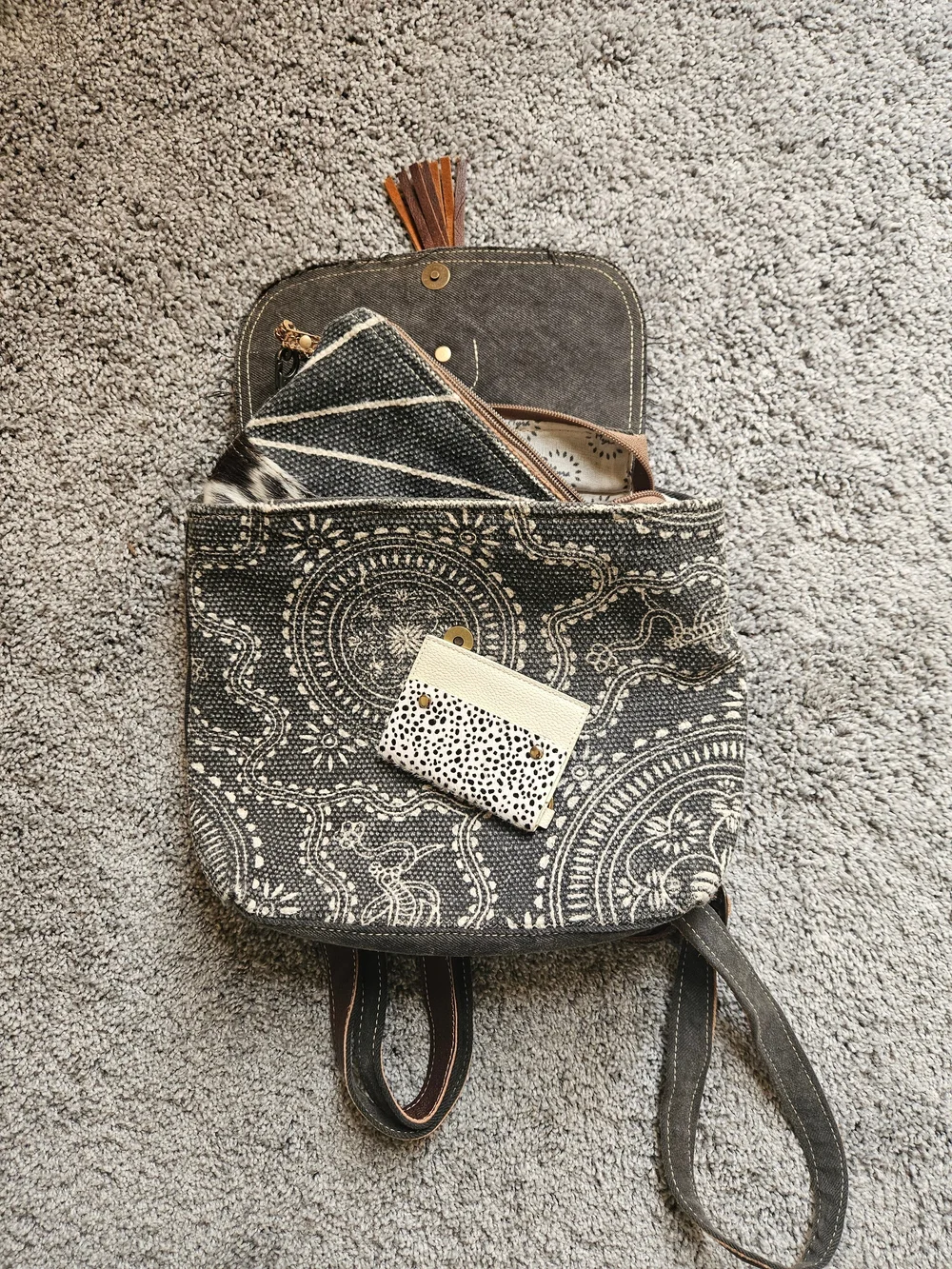 Myra Bag Black and Cream Patterned Canvas Backpack, Pouch And Wallet